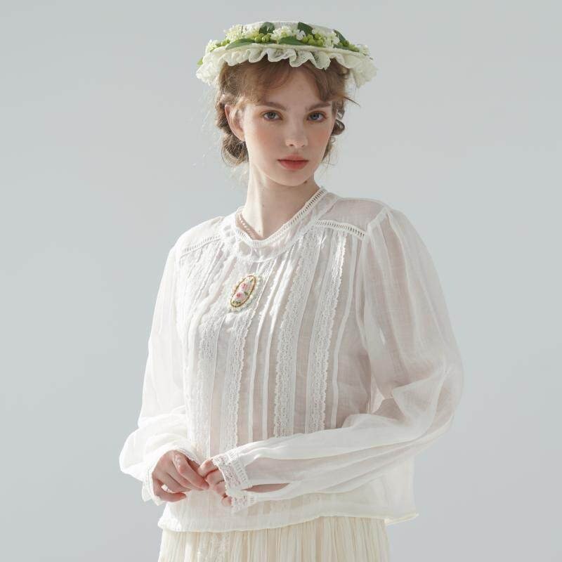 Embroidery Rose - Блузка женская из 100% рами, белая,